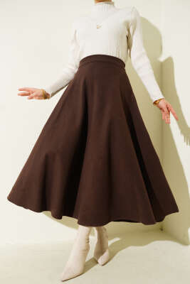 Bel Lastikli Kloş Kaşe Etek Kahve - Thumbnail