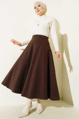 Bel Lastikli Kloş Kaşe Etek Kahve - Thumbnail