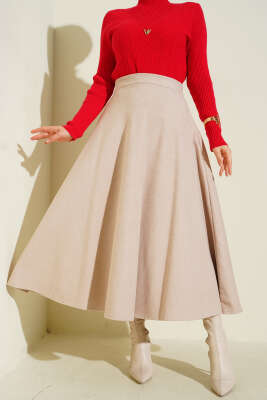 Pazarium - Bel Lastikli Kloş Kaşe Etek Bej