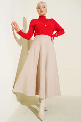 Bel Lastikli Kloş Kaşe Etek Bej - Thumbnail