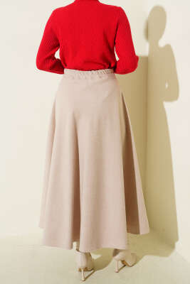 Bel Lastikli Kloş Kaşe Etek Bej - Thumbnail