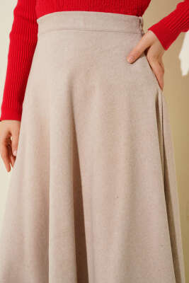 Bel Lastikli Kloş Kaşe Etek Bej - Thumbnail