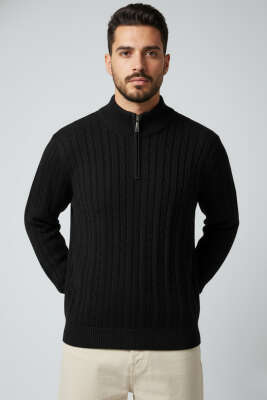 Pazarium - Saç Örgü Detaylı Fermuarlı Triko Kazak Siyah