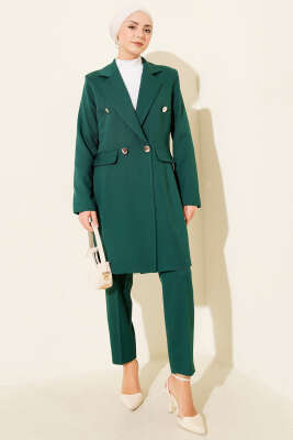 Pazarium - Kruvaze Yaka Blazer Ceketli İkili Takım Zümrüt Yeşili