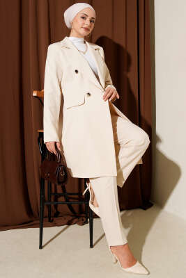 Pazarium - Kruvaze Yaka Blazer Ceketli İkili Takım Bej