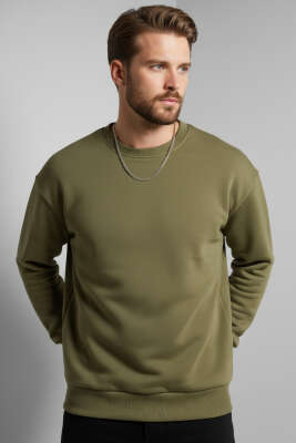 Pazarium - Basic Bisiklet Yaka Erkek Sweatshirt Haki