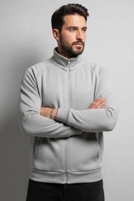 Basic Fermuarlı Erkek Hırka Gri - Thumbnail