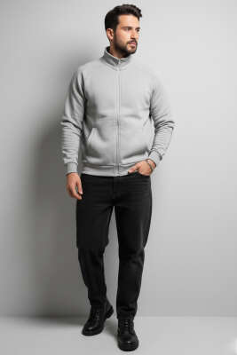 Basic Fermuarlı Erkek Hırka Gri - Thumbnail