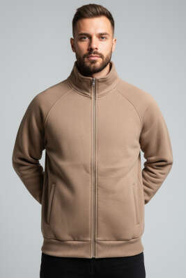 Pazarium - Basic Fermuarlı Erkek Hırka Kahve