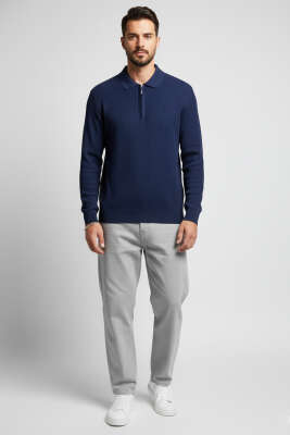 Waffle Polo Yaka Triko Erkek Kazak Lacivert - Thumbnail