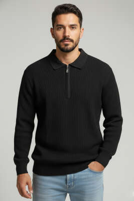 Pazarium - Waffle Polo Yaka Triko Erkek Kazak Siyah