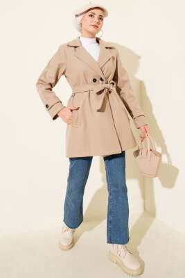 Kruvaze Yaka Kuşak Detaylı Kısa Kaşe Kaban Bej - Thumbnail