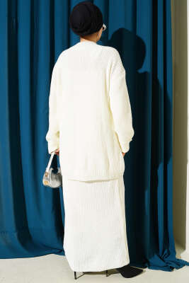 Selanik Örgülü Etekli Triko İkili Takım Ekru - Thumbnail