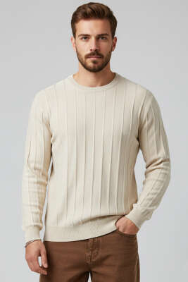 Pazarium - Bisiklet Yaka Çizgi Detaylı Triko Kazak Taş