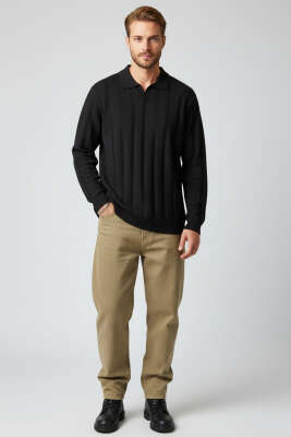 Polo Yaka Petek Örme Detaylı Triko Erkek Kazak Siyah - Thumbnail