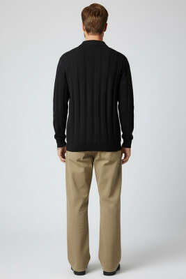 Polo Yaka Petek Örme Detaylı Triko Erkek Kazak Siyah - Thumbnail