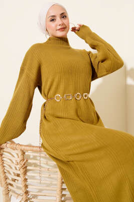 Fitilli Basic Triko Elbise Yağ Yeşili - Thumbnail