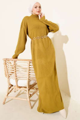 Fitilli Basic Triko Elbise Yağ Yeşili - Thumbnail