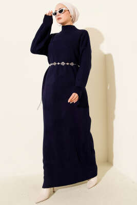 Pazarium - Fitilli Basic Triko Elbise Lacivert