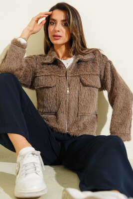 Pazarium - Çift Göğüs Cepli Sakallı Kısa Ceket Vizon