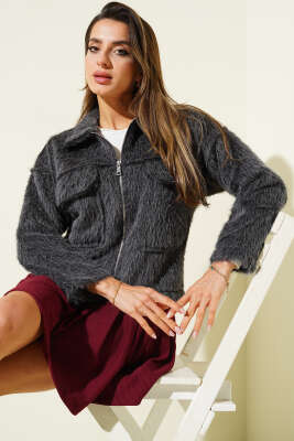 Pazarium - Çift Göğüs Cepli Sakallı Kısa Ceket Füme