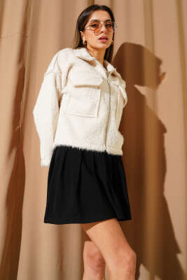 Pazarium - Çift Göğüs Cepli Sakallı Kısa Ceket Bej