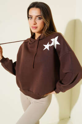Yıldız Baskılı Kapüşonlu Şardonlu Sweat Kahve - Thumbnail