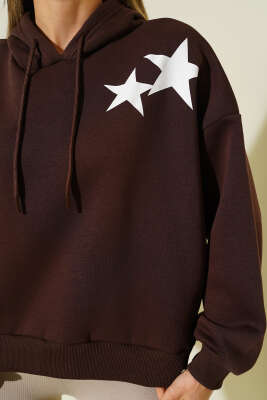 Yıldız Baskılı Kapüşonlu Şardonlu Sweat Kahve - Thumbnail