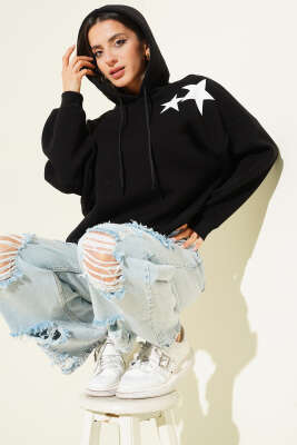 Pazarium - Yıldız Baskılı Kapüşonlu Şardonlu Sweat Siyah