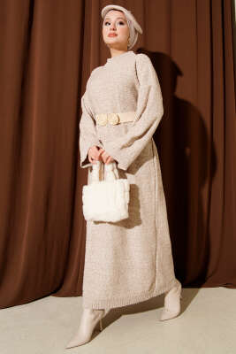 Pazarium - Kabartma Desenli Triko Elbise Bej