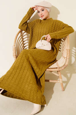 Saç Örgülü Basic Triko Elbise Yağ Yeşili - Thumbnail