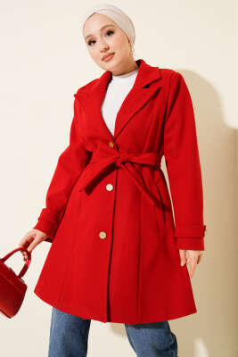 Kuşaklı Gold Düğmeli Kaşe Kaban Kırmızı - Thumbnail