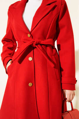 Kuşaklı Gold Düğmeli Kaşe Kaban Kırmızı - Thumbnail