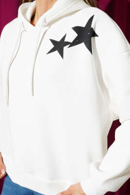 Yıldız Baskılı Kapüşonlu Şardonlu Sweat Ekru - Thumbnail