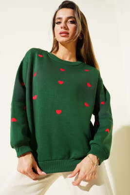 Kalp Nakış Detaylı Sweatshirt Yeşil - Thumbnail