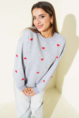 Pazarium - Kalp Nakış Detaylı Sweatshirt Gri