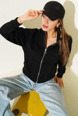 Pazarium - Basic Önü Fermuarlı Kısa Hırka Siyah