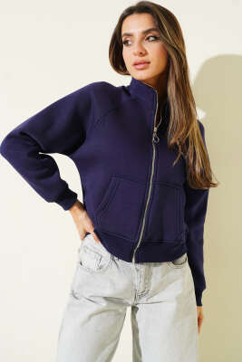 Pazarium - Basic Önü Fermuarlı Kısa Hırka Lacivert