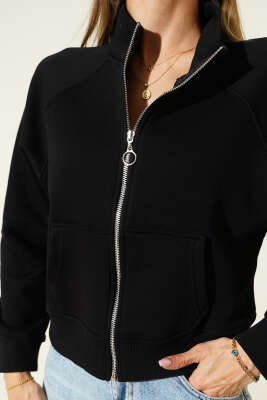 Basic Önü Fermuarlı Kısa Hırka Siyah - Thumbnail