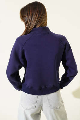 Basic Önü Fermuarlı Kısa Hırka Lacivert - Thumbnail