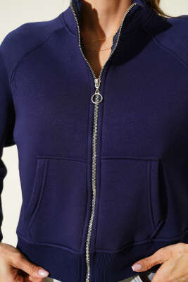 Basic Önü Fermuarlı Kısa Hırka Lacivert - Thumbnail