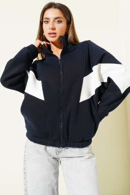 Fermuarlı Şerit Detaylı Şardonlu Hırka Lacivert - Thumbnail