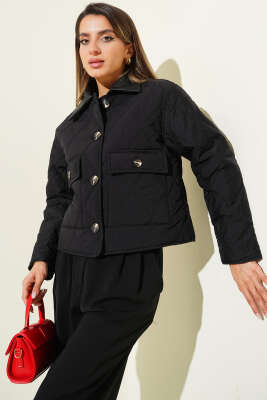 Pazarium - Deri Yaka Kapitone Kısa Mont Siyah