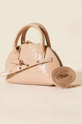 Pazarium - Fermuarlı Oval Mini El Çanta Bej