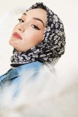 Pazarium - Desenli Siyah Serisi Eşarp Asorti 9