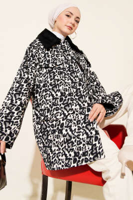 Pazarium - Leopar Desen Kadife Yaka Trençkot Siyah