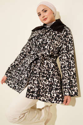 Pazarium - Leopar Desen Kadife Yaka Trençkot Kahve