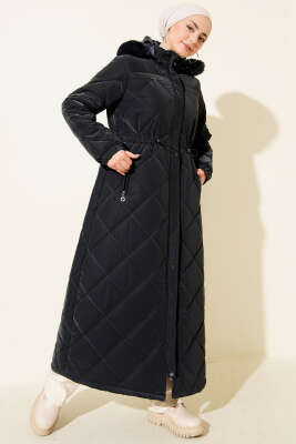 Pazarium - Bel Tünelli Kapüşonlu Kapitone Mont Lacivert