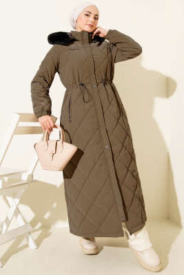 Pazarium - Bel Tünelli Kapüşonlu Kapitone Mont Kahve