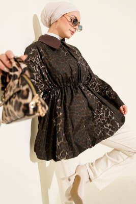 Pazarium - Etek Ucu Gizli Lastikli Leopar Trençkot Kahve